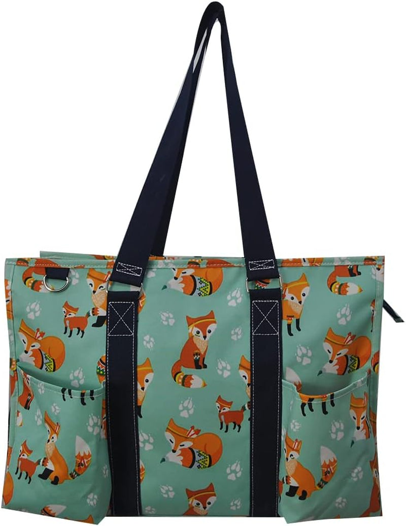 NGIL Zip-Top Organizing Utility Tote Bag with Exterior Pockets for Working Women, Teachers, Nurses, and Moms, Design in USA (Fox Life-Navy)
