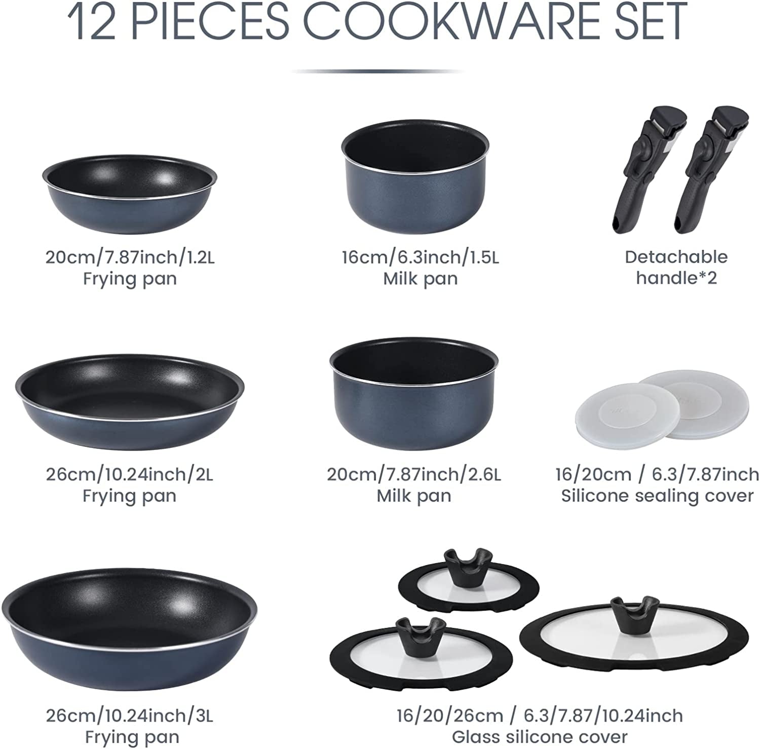 12Pcs Pots and Pans Set, Nonstick Cookware Sets Detachable Handle, Induction Kitchen Cookware Set Non Stick with Removable Handle, RV Cookware Set, Oven Safe, Blue