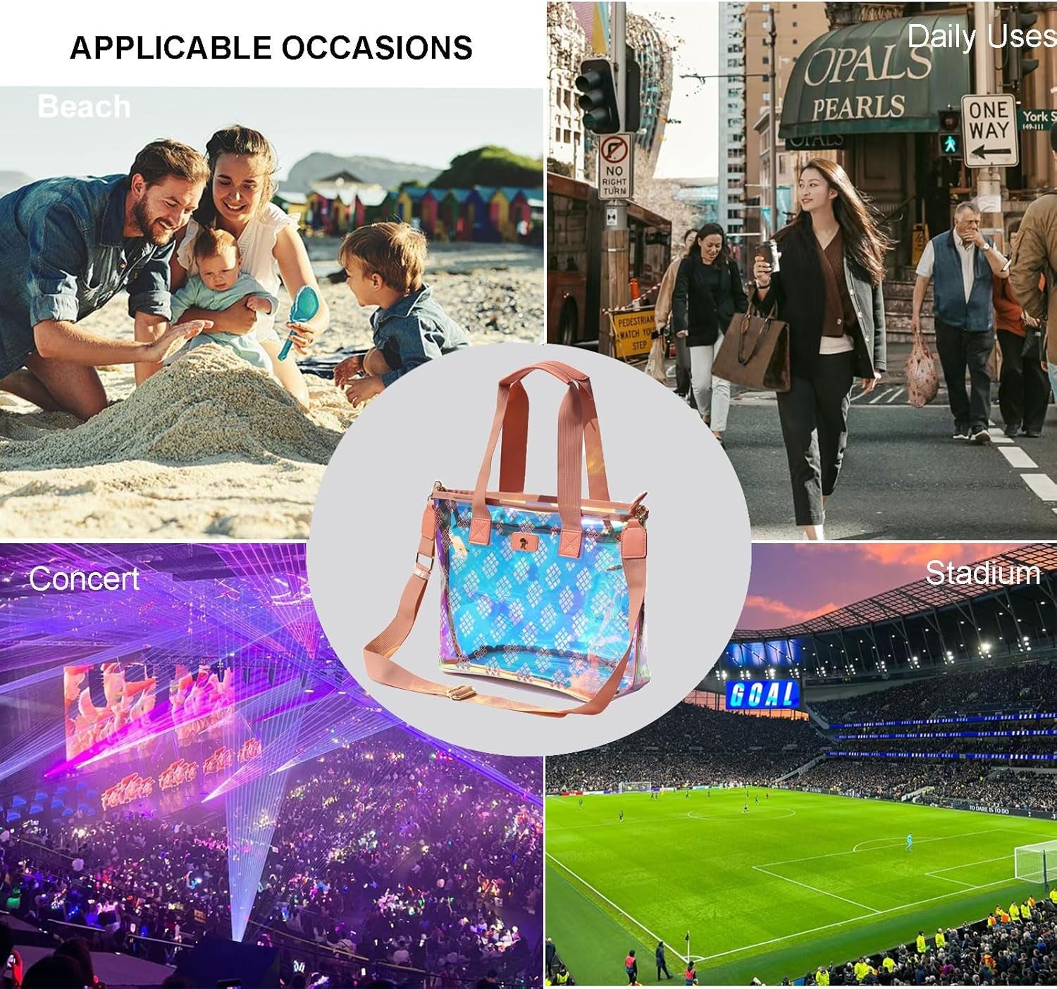 Iridescent Soap Bubble Clear Tote Bag – Stadium Approved with Bag-In-Bag Shoulder Design for Concerts, Beaches, Events