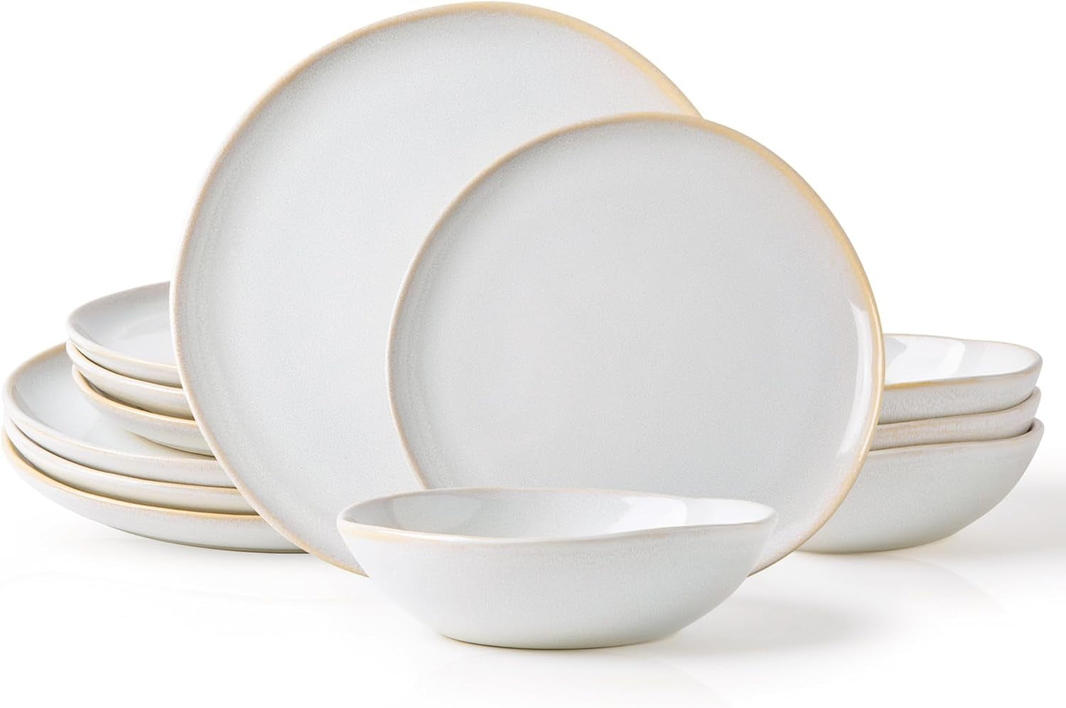 (12Pc) Amorarc Ceramic Dinnerware Sets,Handmade Reactive Glaze Plates and Bowls