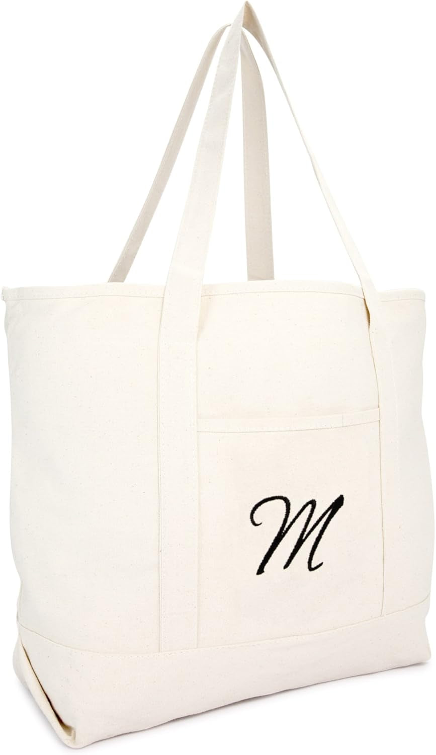 DALIX Monogram Bag Personalized Totes for Women Open Top Natural Letter A-Z