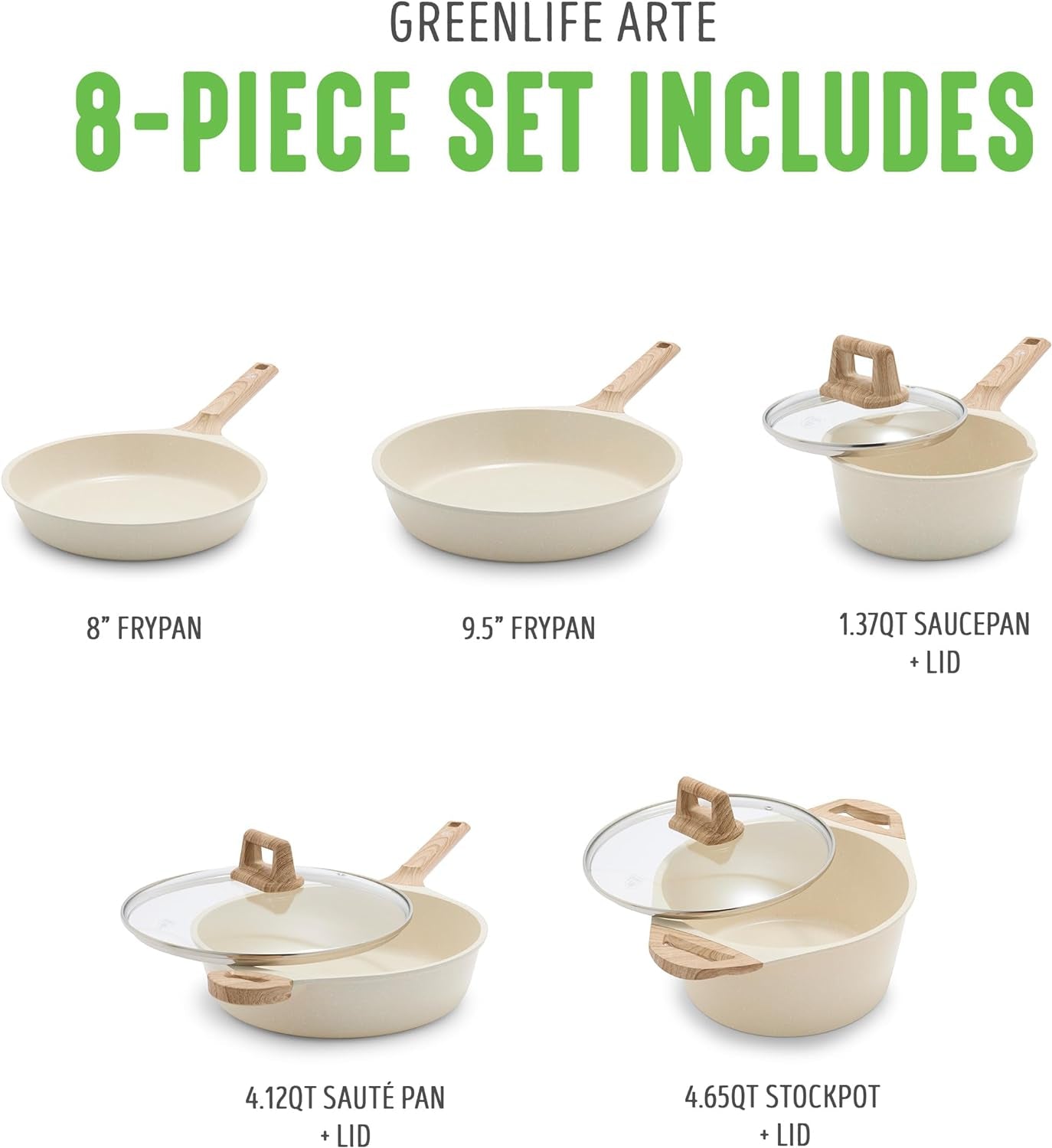 Greenlife Arte 8 Piece Ceramic Nonstick Cookware Pots and Pans Set, Induction Suitable, PFOA & PFAS Free, Wood Print Handles, Glass Lids, Stock Saucepans & Frying Pans, Dishwasher Safe, Speckled Cream