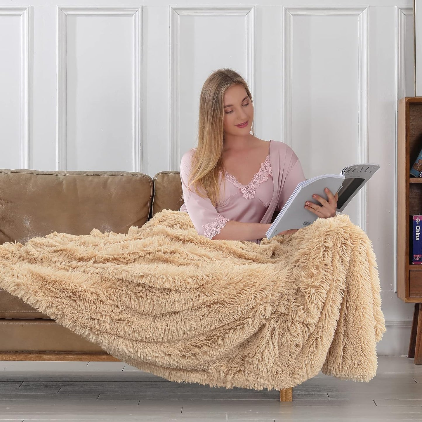 Tuddrom Decorative Extra Soft Faux Fur Throw Blanket 50" X 60",Solid Reversible Fuzzy Long Hair Shaggy Blanket,Fluffy Cozy Plush Fleece Comfy Microfiber Fur Blanket for Couch Sofa Bed,Camel