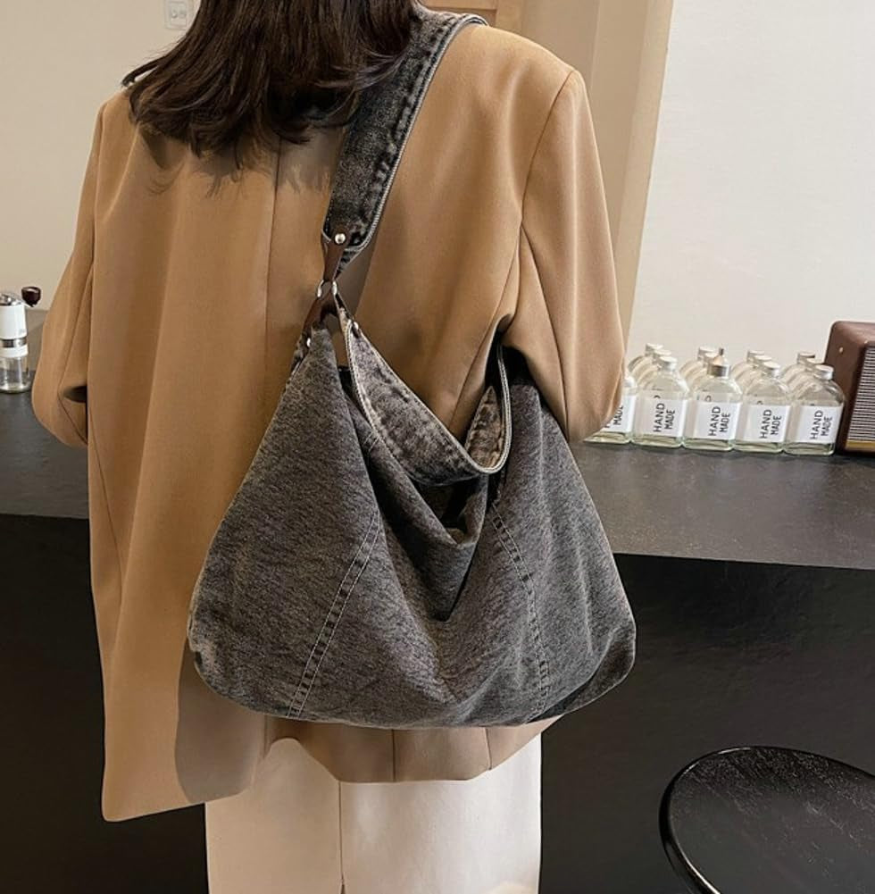 Denim Tote Bag for Women Large Slouchy Canvas Shoulder Bag with 2 Straps Blue Jean Hobo Purse Casual Crossbody Handbag
