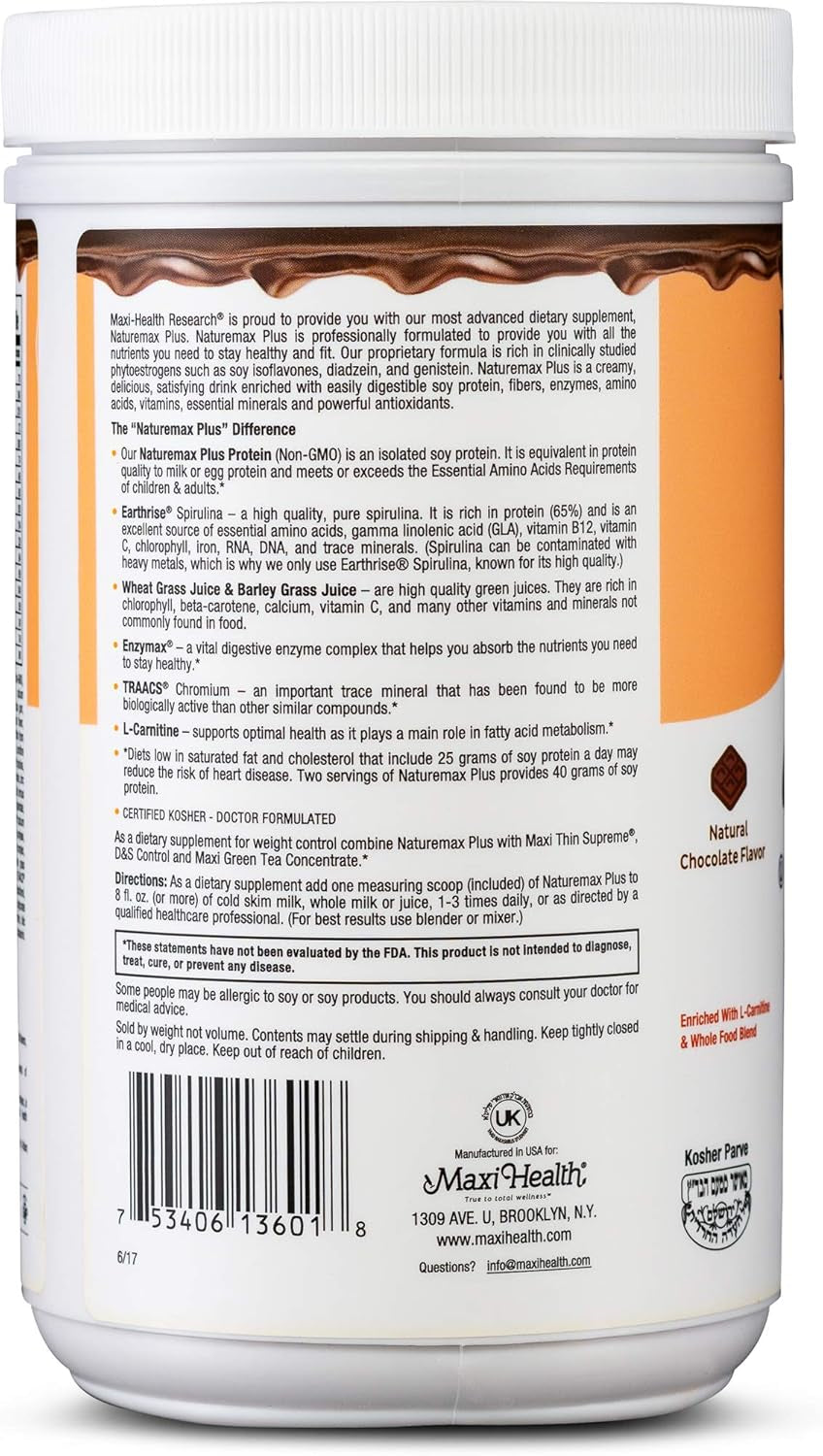 Maxi-Health Naturemax plus Energy Support Drink Soy Protein Powder - Sugar Free Diet Supplement - 20G Protein per Serving - Natural Chocolate Flavor - Kosher Vitamin - 1Lb