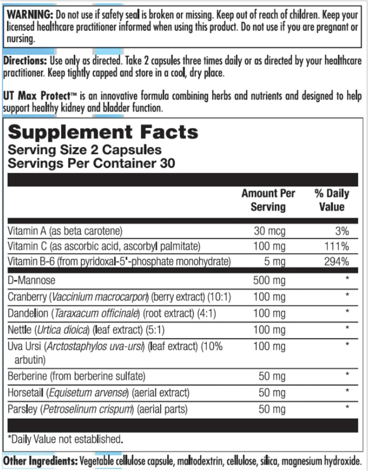 Nutra Biogenesis UT Max Protect - D Mannose Supplements for Women, Cranberry Pills for Urinary Tract Cleanse & Bladder Health, 500Mg D-Mannose per Serving - 60 Veggie Capsules