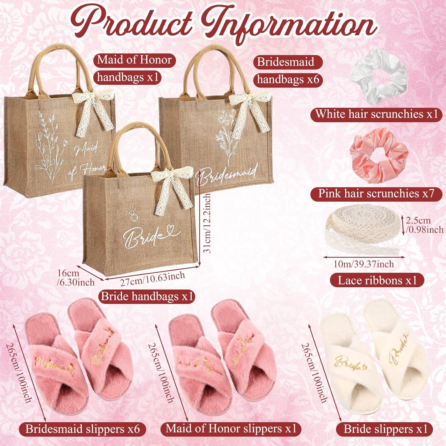 24 Pcs / 8 Sets Bridesmaid Gift Bags Burlap Jute Tote Proposal Bag Including 8 Pairs Bride Bridesmaid Slippers and Scrunchies 1 Lace Ribbon for Bridal Wedding Parties