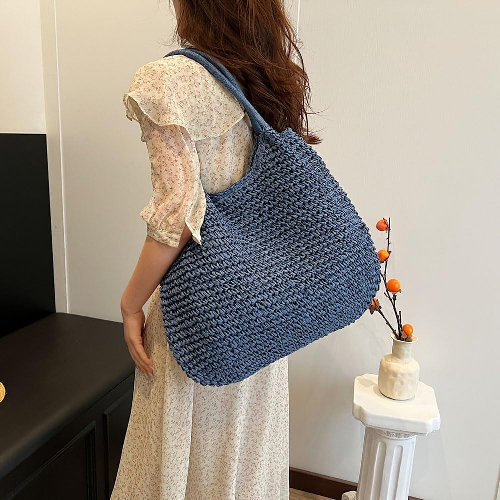 Women Straw Vintage Shoulder Tote Handbag Large Capacity Crochet Beach Travel Tote Handbag Hasp Closure Simple Weaving