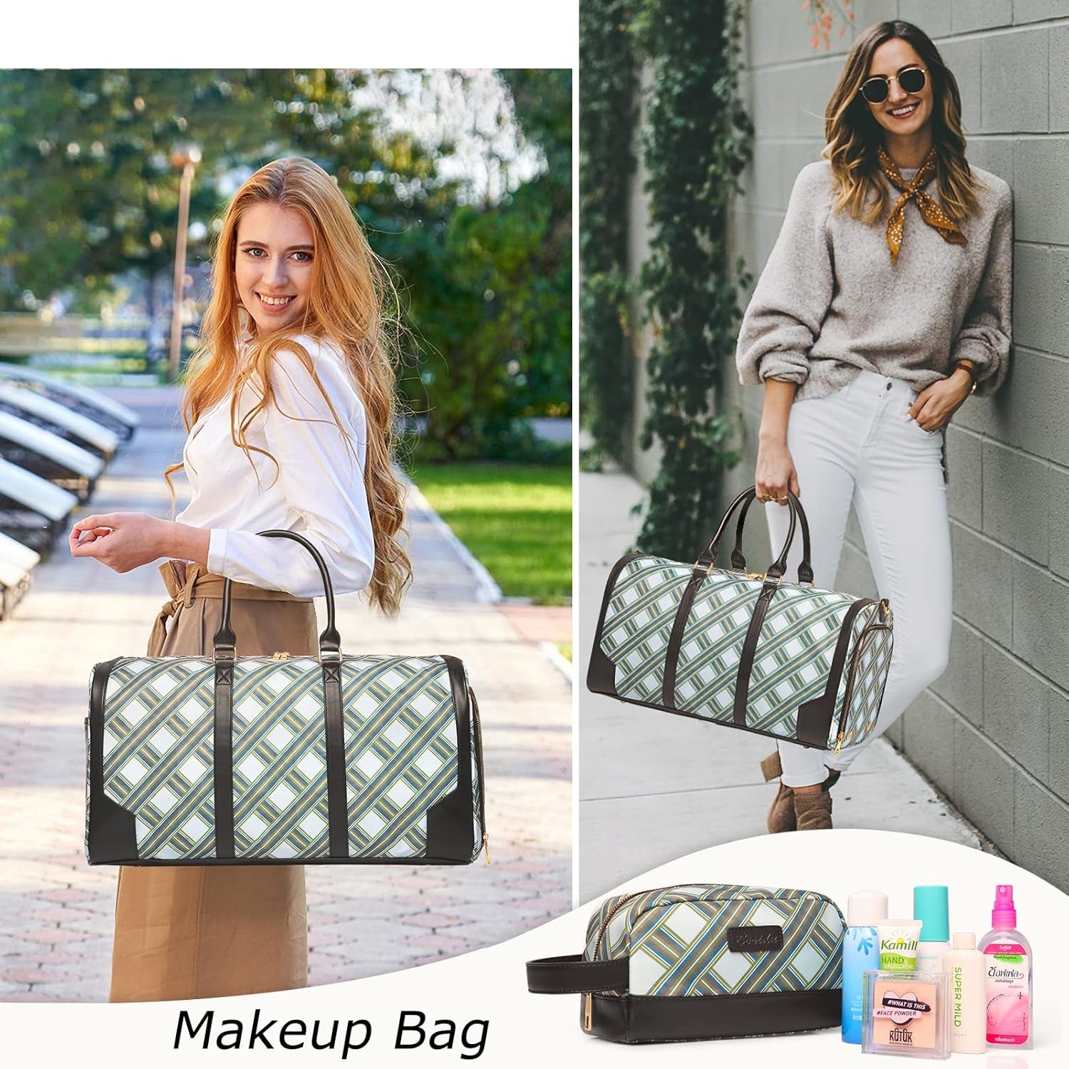 2Pcs Weekender Bags for Women with Toiletry Bag Shoe Compartment Cheap Overnight Bag Carry on Tote Duffle Bag for Travel Clearance Flight Approved, Green