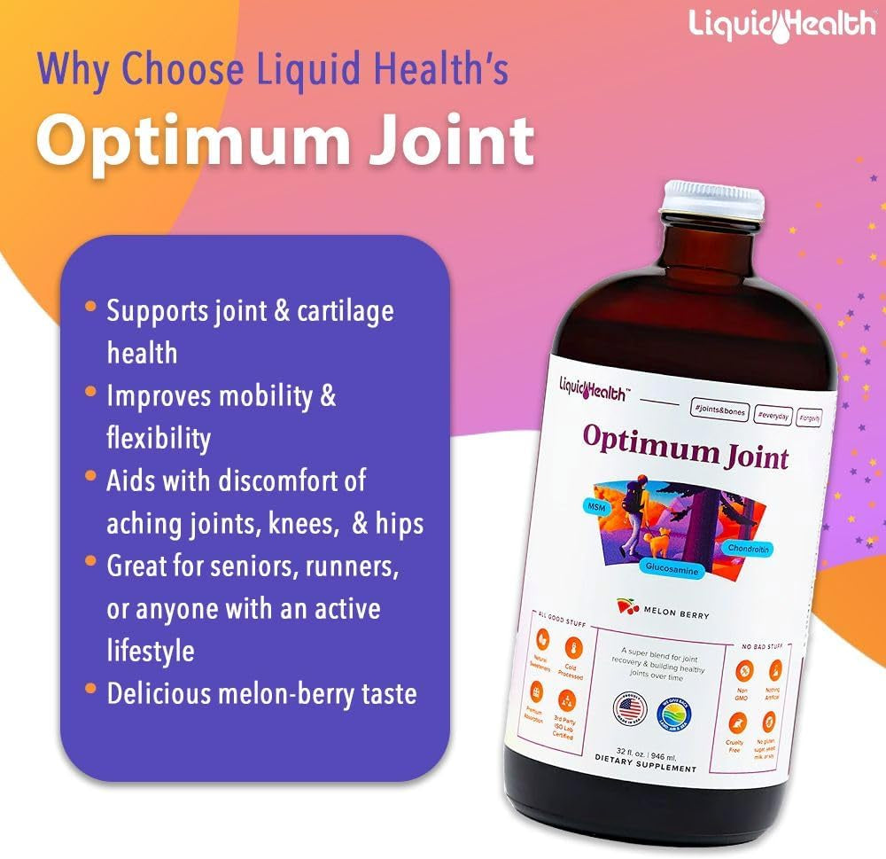 LIQUIDHEALTH Optimum Joint Support Supplement with Glucosamine, Chondroitin, MSM, Hyaluronic Acid - Triple Strength Liquid Vitamins, Gluten-Free, Dairy-Free, Soy-Free Joint Juice, Made in USA (32 Oz)