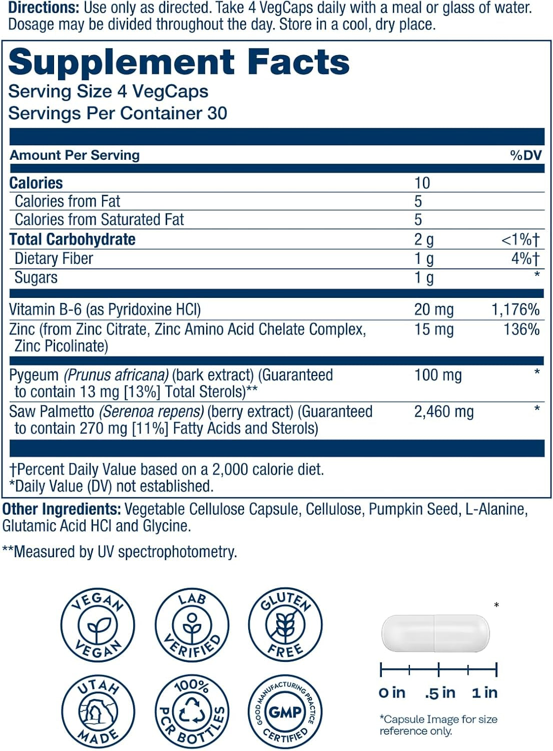 SOLARAY Saw Palmetto & Pygeum - Prostate Health Supplements for Men - Urinary and Male Reproductive Health Support W/Zinc, Pumpkin Seeds, Vitamin B6, Vegan, Gluten Free, 60-Day Guarantee, 30 Servings