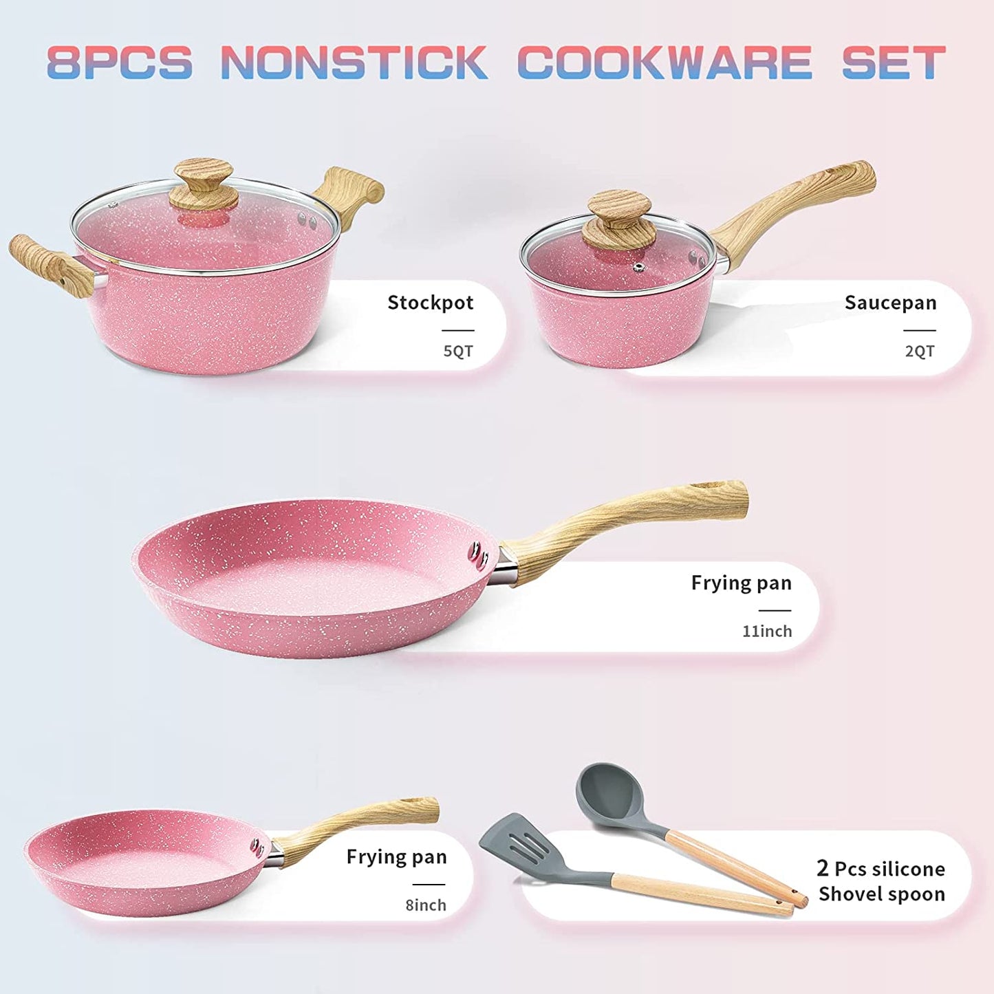 Pots and Pans Set, 8 Pieces Non Stick Cookware Set, Pink Granite Stone Nonstick Cookware Set, Induction Kitchen Cookware Sets, Cooking Set W/Frying Pan, Saucepan, Casserole, PFOA Free