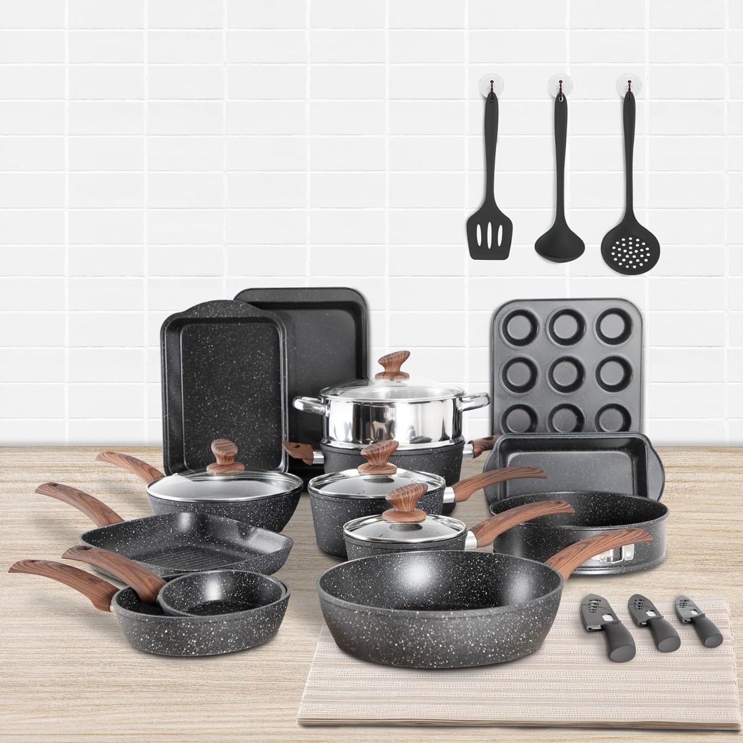 MAISON ARTS 30-Piece Pots and Pans Set - Kitchen Cookware & Bakeware Sets with Nonstick Granite Coating, Baking Pans and Frying Pans Set