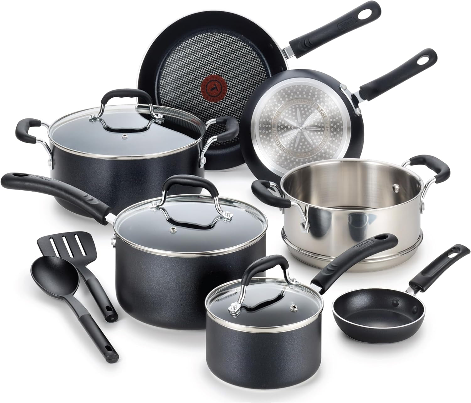 T-Fal Experience Nonstick Cookware Set 12 Piece, Induction, Oven Broiler Safe 350F, Kitchen Cooking Set W/ Fry Pans, Saucepan, Stockpot, Kitchen Utensils, Pots and Pans, Dishwasher Safe, Black