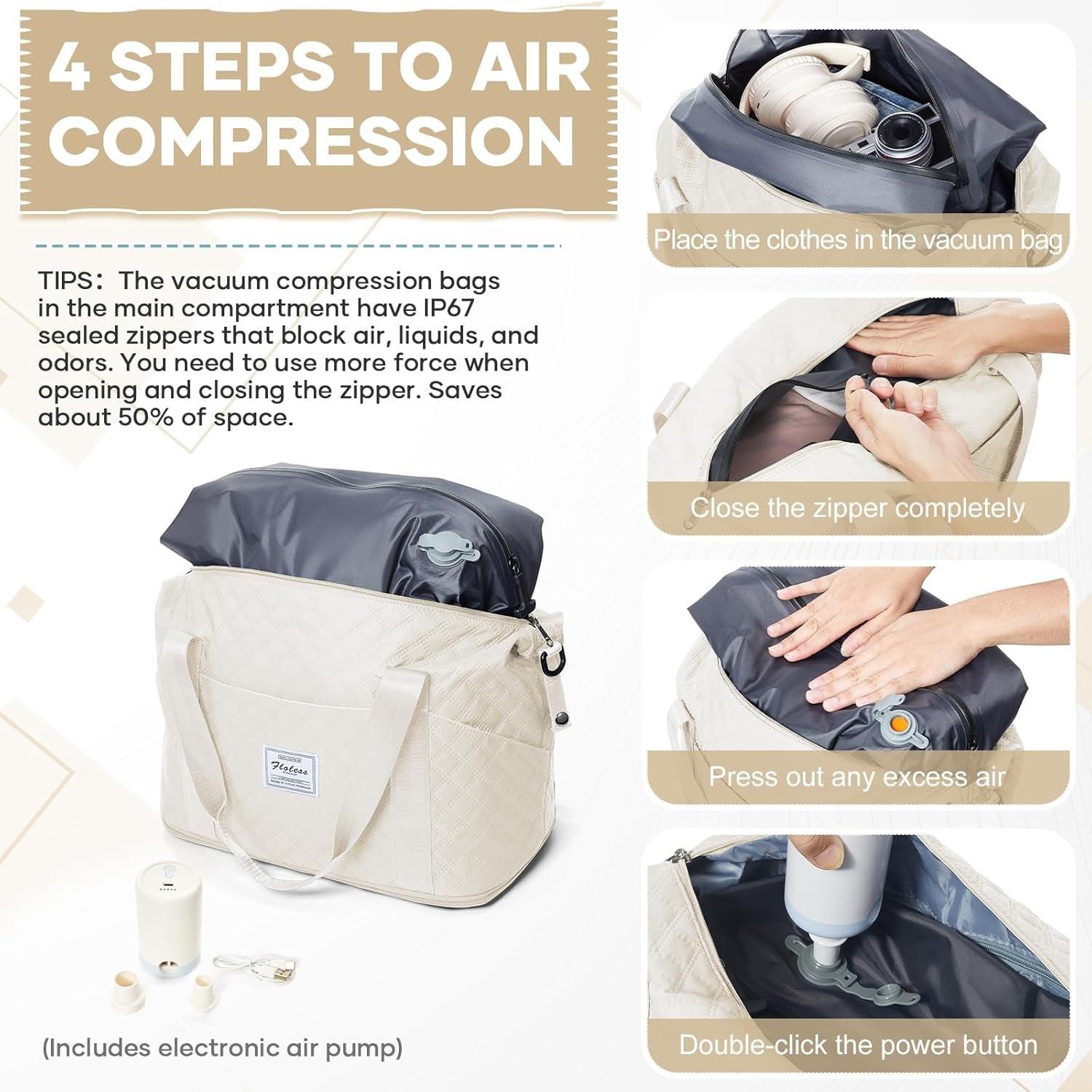 Vacuum Travel Bag with Pump, Vacuum Seal Bags for Clothing, Hospital Tote Bag for Labor and Delivery, Expandable Weekender Mommy Bags Women, Overnight Carry on Bag