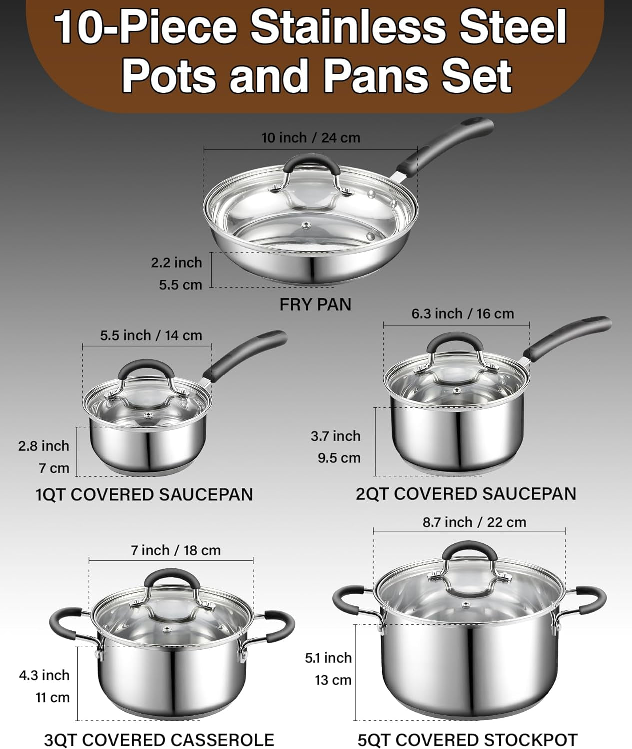 Cook N Home Stainless Steel Cookware Sets 10-Piece, Pots and Pans Kitchen Cooking Set with Stay-Cool Handles, Dishwasher Safe, Silver