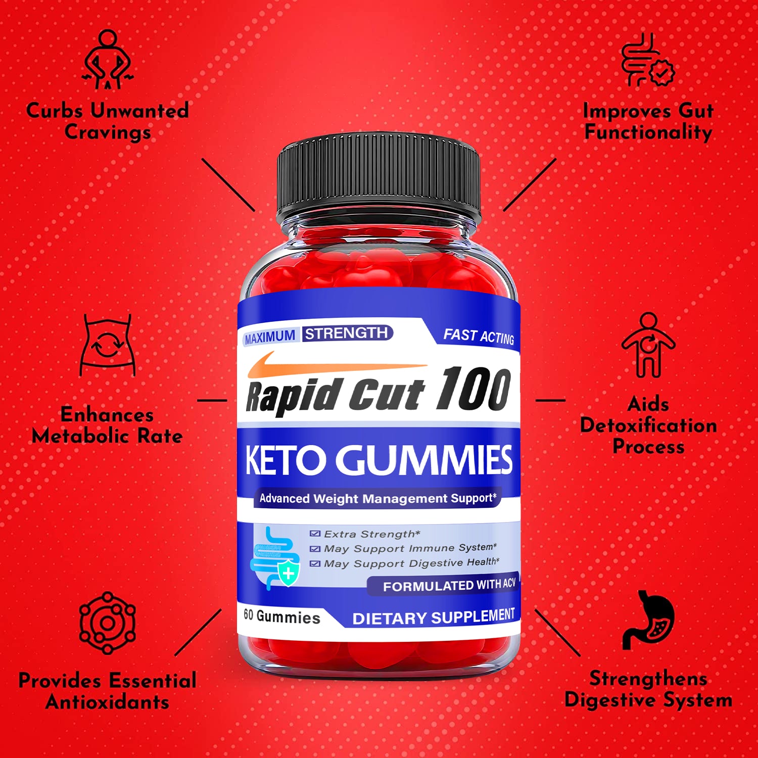 (1 Pack) Rapid Cut 100 Keto ACV Gummies - Vegan Weight Loss Supplement-60 Gums