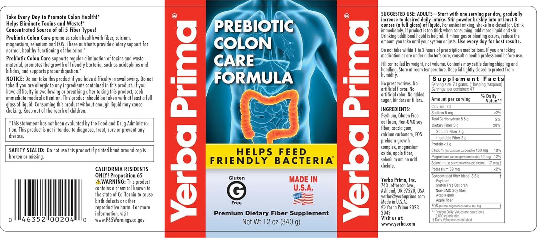 Yerba Prima Prebiotic Colon Care Formula Powder, 12 Ounce - Premium Dietary Fiber Supplement, Gluten Free, Made in USA, Non-Gmo