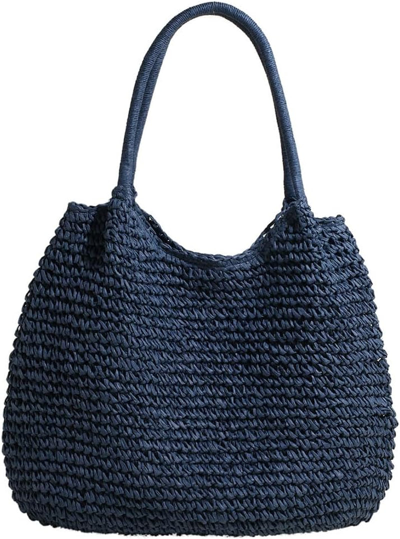Women Straw Vintage Shoulder Tote Handbag Large Capacity Crochet Beach Travel Tote Handbag Hasp Closure Simple Weaving