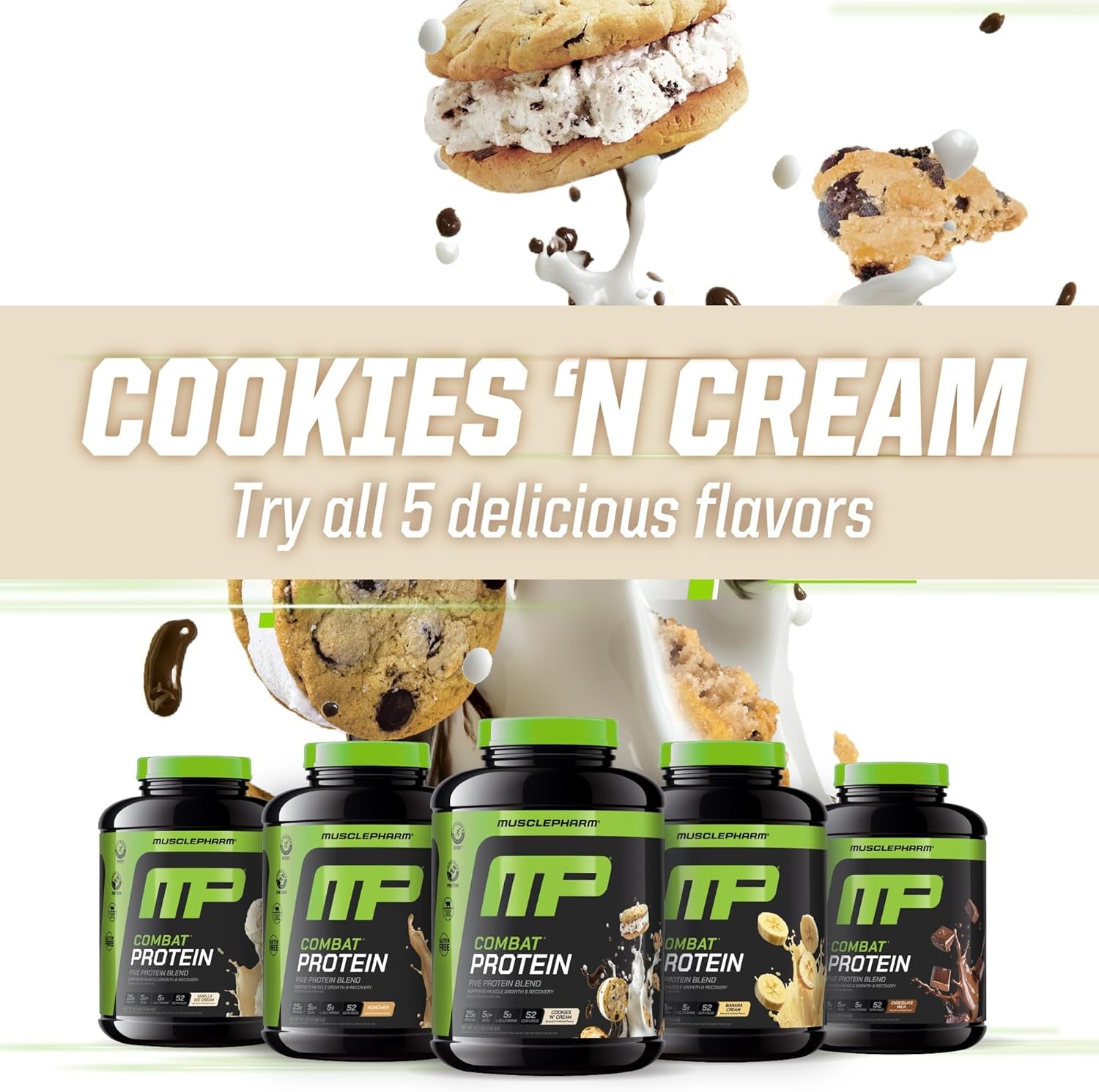 Musclepharm Combat Protein Powder, Cookies ‘N’ Cream Flavor, Fuels Muscles for Productive Workouts, 5 Protein Sources Including Whey Protein Isolate & Egg Albumin, Gluten Free, 4 Lb, 52 Servings