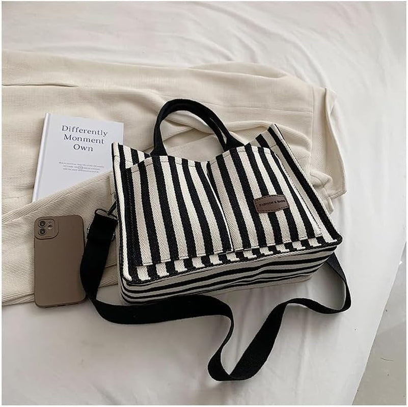 Canvas Tote Bag with Multi Pockets Women Stripe Crossbody Tote Bag Casual Purse Handbag Shoulder Bag for Work College Travel