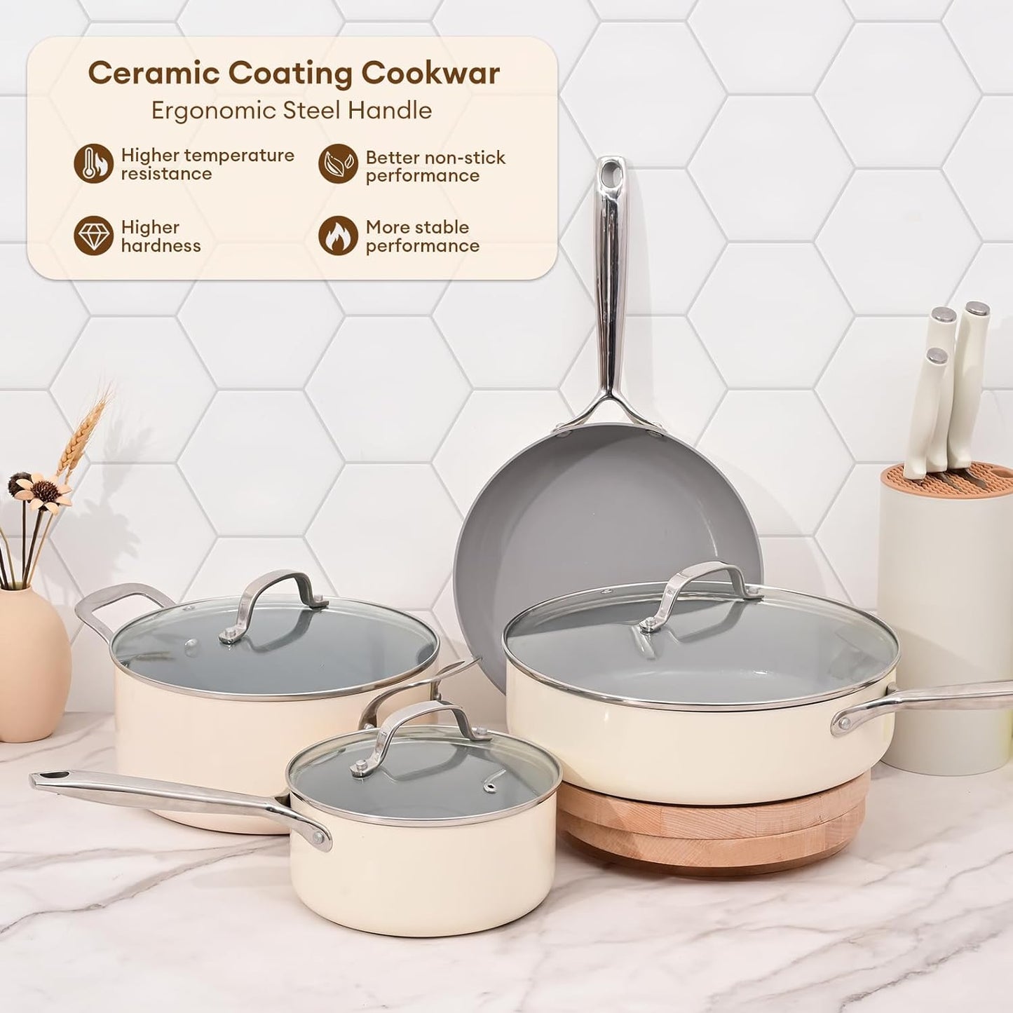 JEETEE Ceramic Cookware Set, White Pots and Pans Set Nonstick,7 PCS Kitchen Induction Sets, PTFE & PFOA Free, Oven Safe, Compatible with All Stoves- Cream