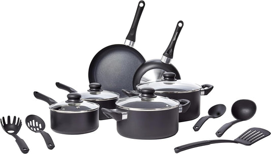 Amazon Basics Non-Stick Cookware 15-Piece Set, Pots, Pans and Utensils, Black