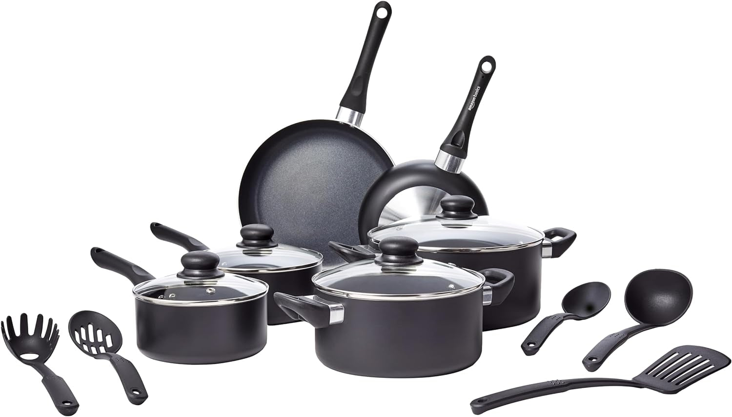 Amazon Basics Non-Stick Cookware 15-Piece Set, Pots, Pans and Utensils, Black