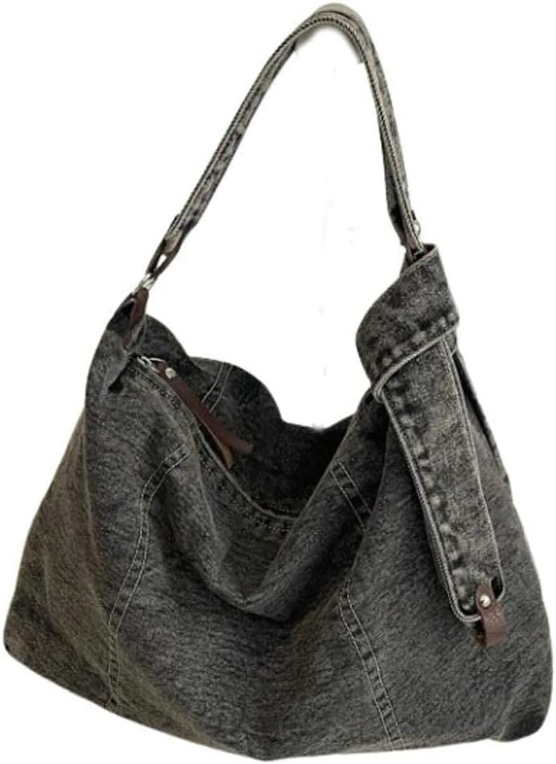 Denim Tote Bag for Women Large Slouchy Canvas Shoulder Bag with 2 Straps Blue Jean Hobo Purse Casual Crossbody Handbag