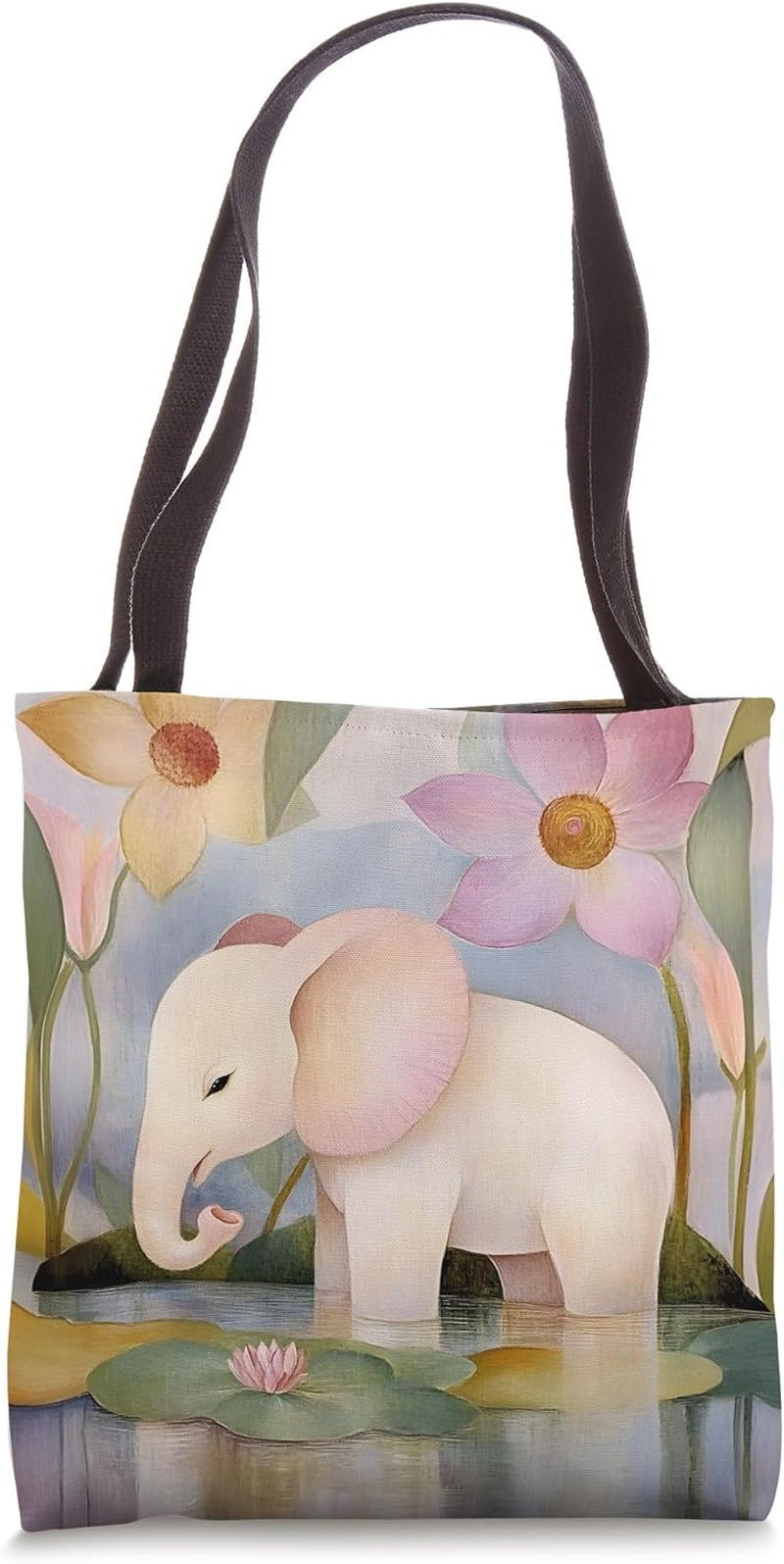 Whimsical Baby Elephant in Soft Jungle Flowers Lily Pads Tote Bag