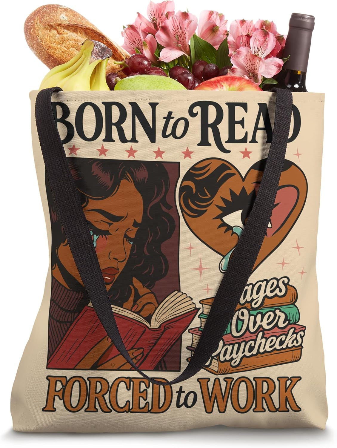 Born to Read Forced to Work Black Bookish Girl Retro Tote Bag
