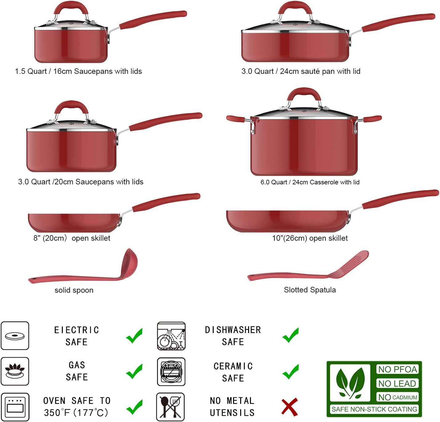 Amazon Basics Aluminum NS 12Pc Red Cookware Set, 12 Piece