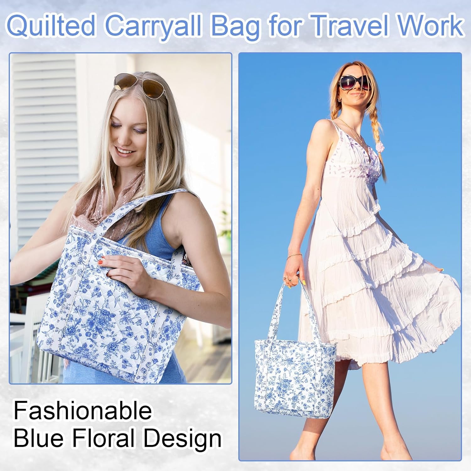 Large Floral Quilted Tote Bag for Women Cotton Quilted Shoulder Purse with Zipper Pocket for Work Travel Lunch, 12 X 15 Inches