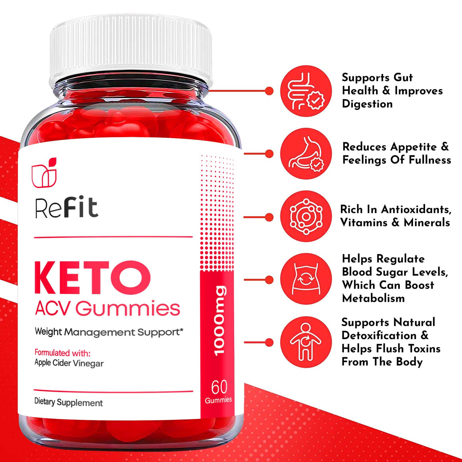 (1 Pack) Refit Keto Gummies - Refit ACV Keto Gummies Weight Loss, Vegan-60 Gums