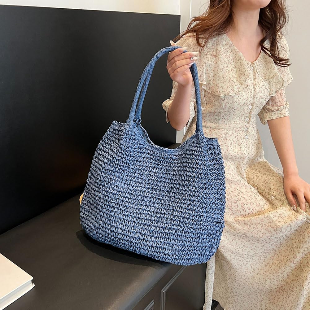 Women Straw Vintage Shoulder Tote Handbag Large Capacity Crochet Beach Travel Tote Handbag Hasp Closure Simple Weaving