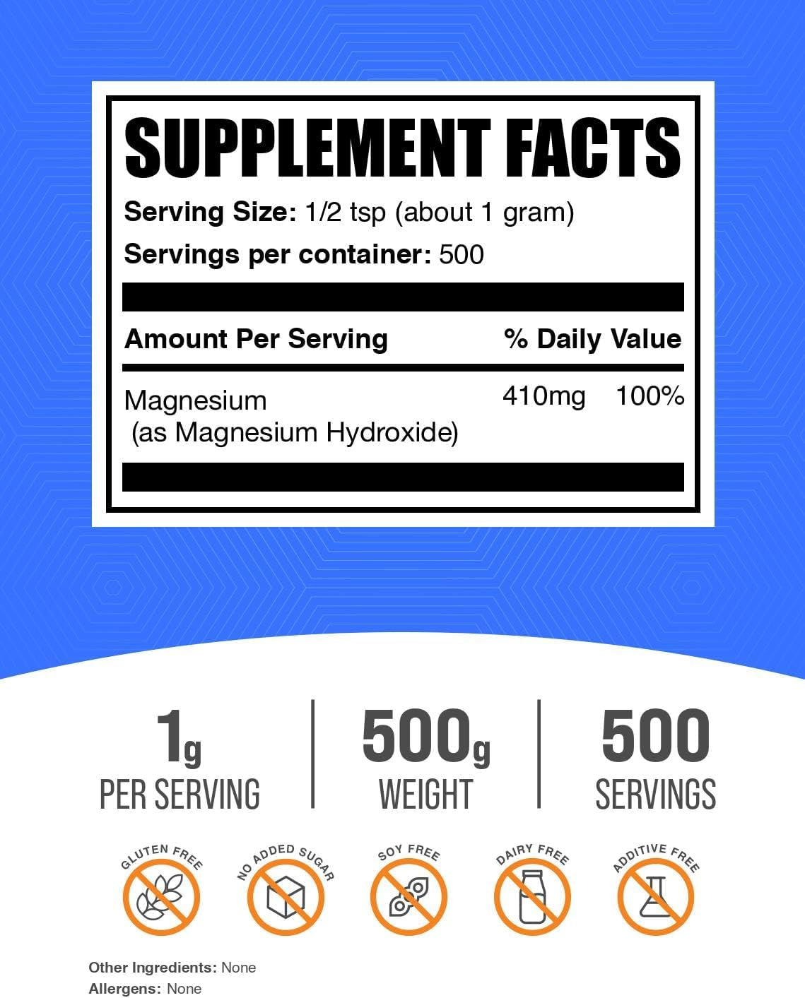 Bulksupplements.Com Magnesium Hydroxide Powder - Magnesium Hydroxide Supplement - Food Grade & Gluten Free, 1G per Serving, 500G (1.1 Lbs) (Pack of 1)