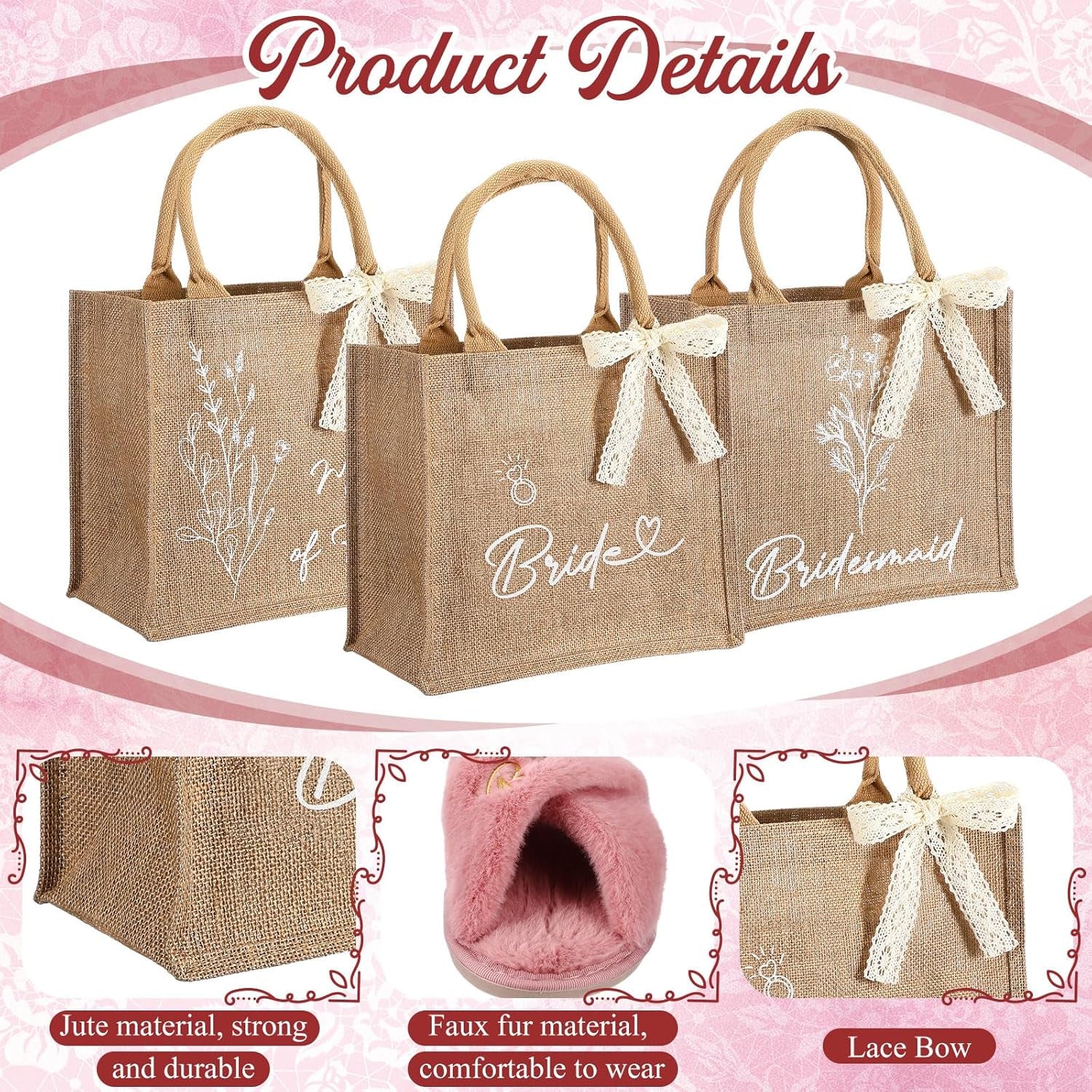 24 Pcs / 8 Sets Bridesmaid Gift Bags Burlap Jute Tote Proposal Bag Including 8 Pairs Bride Bridesmaid Slippers and Scrunchies 1 Lace Ribbon for Bridal Wedding Parties