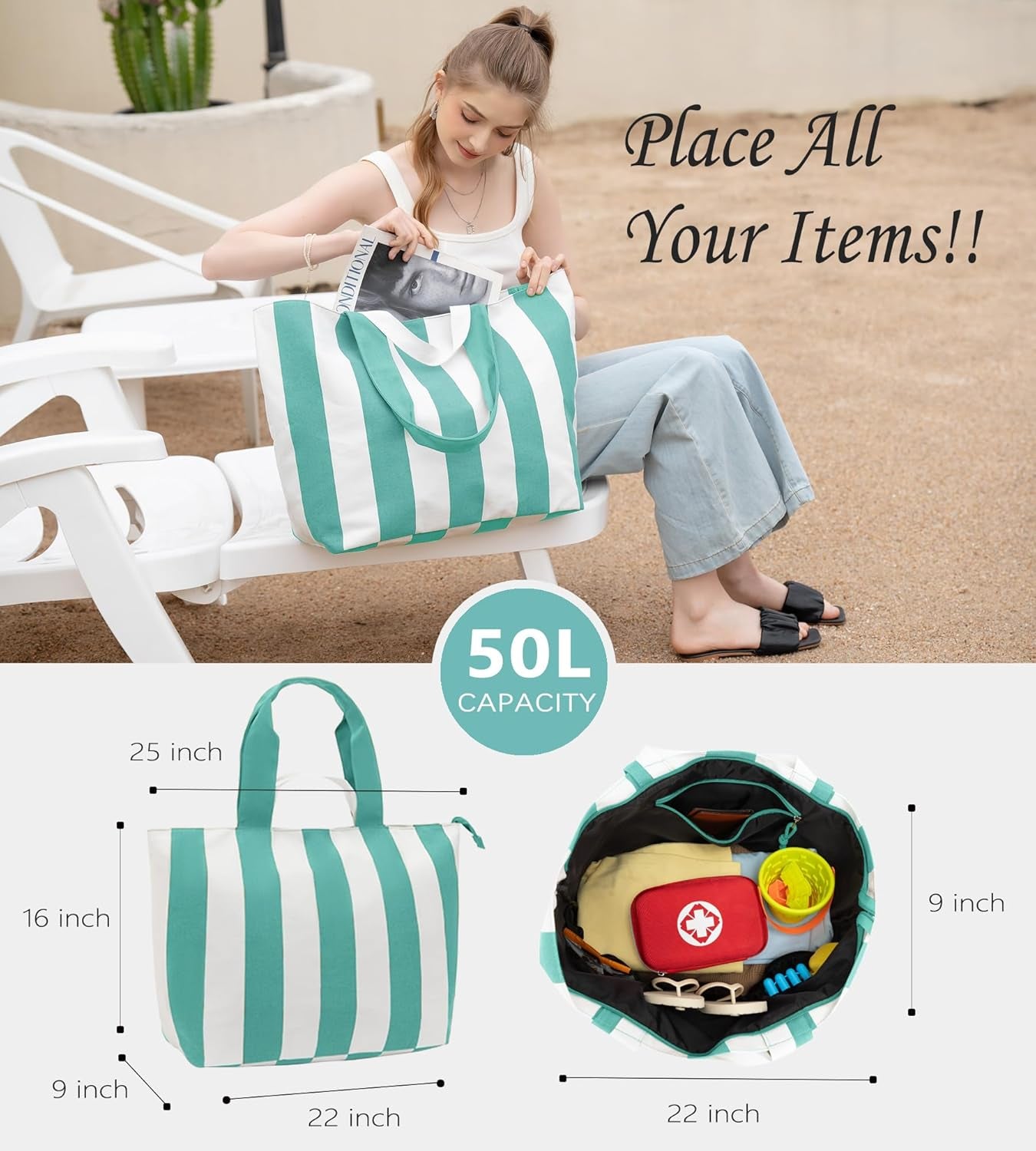 22'' 50L Large Beach Bag with Zipper, Extra Large Canvas Tote Bag for Women, Weekender Pool Bag