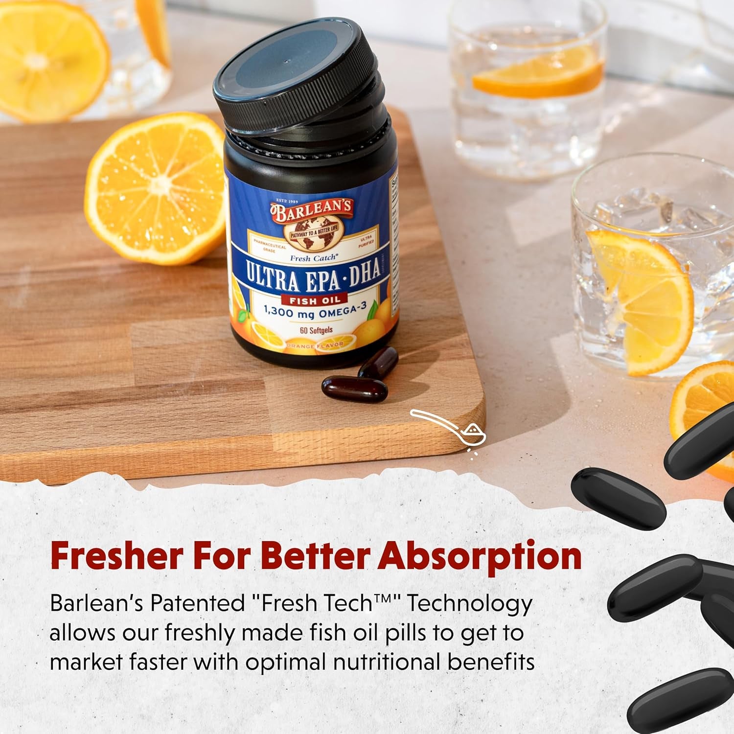 Barlean'S Omega 3 Fish Oil Supplements, Supplement Softgels for Men and Women, 1300 Mg Ultra EPA and DHA Fatty Acids, Orange Flavored, 60 Count