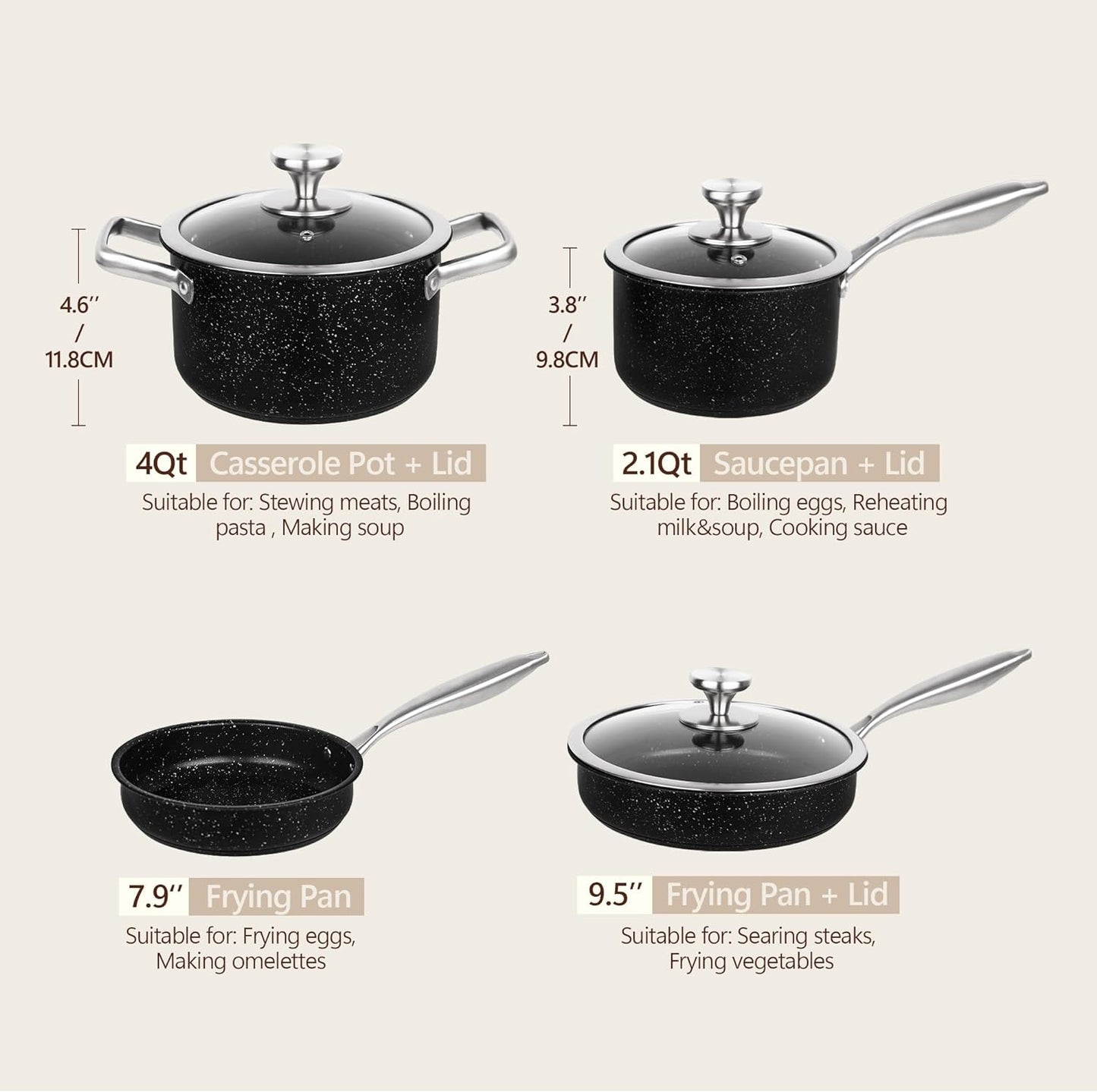 Vvwgkpk Stainless Steel Pots and Pans Sets, Nonstick Kitchen Cookware Set, 7 Pcs Cooking Pots and Pans Set W/Frying Pans & Saucepans with PFOS&PFOA Free, Dishwasher Safe