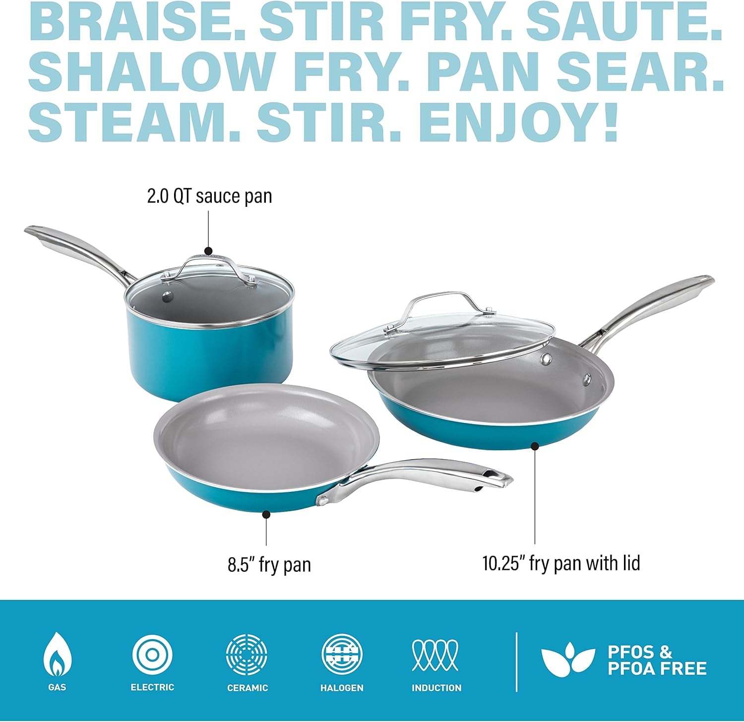 Gotham Steel Aqua Blue Nonstick Ceramic 5 Piece Cookware Set with Ceramic Coating, Stainless Steel Stay Cool Handles, Oven & Dishwasher Safe to 500° F100% PFOA Free