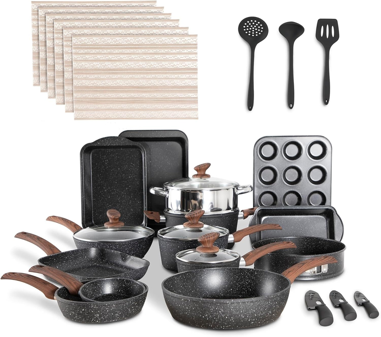 MAISON ARTS 30-Piece Pots and Pans Set - Kitchen Cookware & Bakeware Sets with Nonstick Granite Coating, Baking Pans and Frying Pans Set