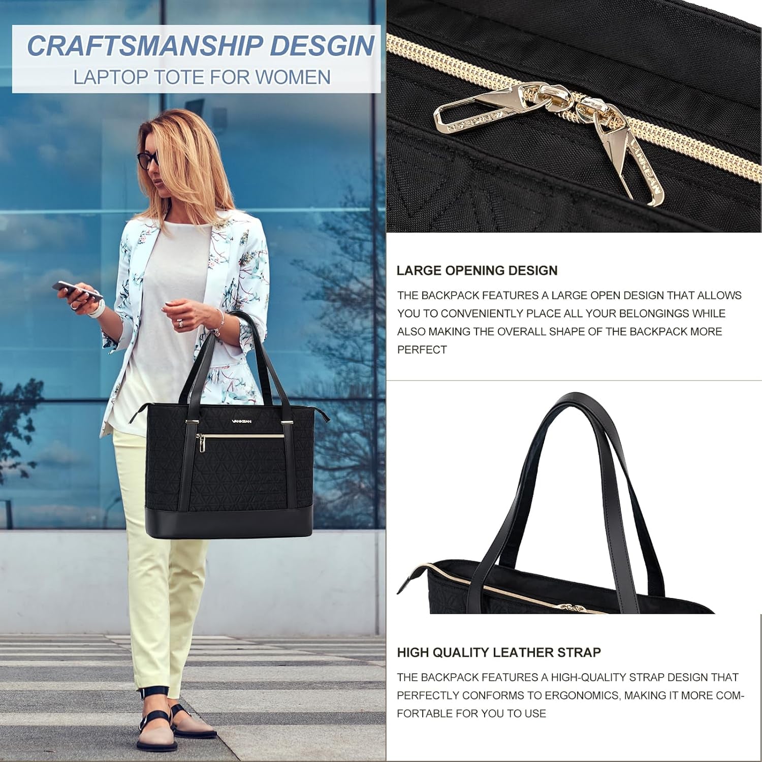 VANKEAN Laptop Bag for Women, 15.6 Inch Work Bag Waterproof Computer Shoulder Bag with USB Port, Large Tote Bag for Work Business Travel, Quilted Black