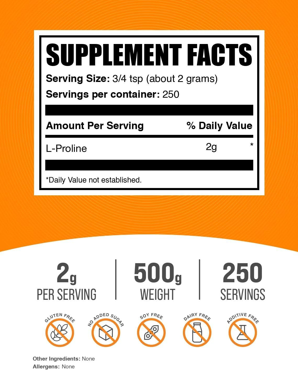 Bulksupplements.Com L-Proline Powder - Proline Supplements, Amino Acid Powder - Unflavored & Gluten Free, 2G per Serving, 500G (1.1 Lbs) (Pack of 1)