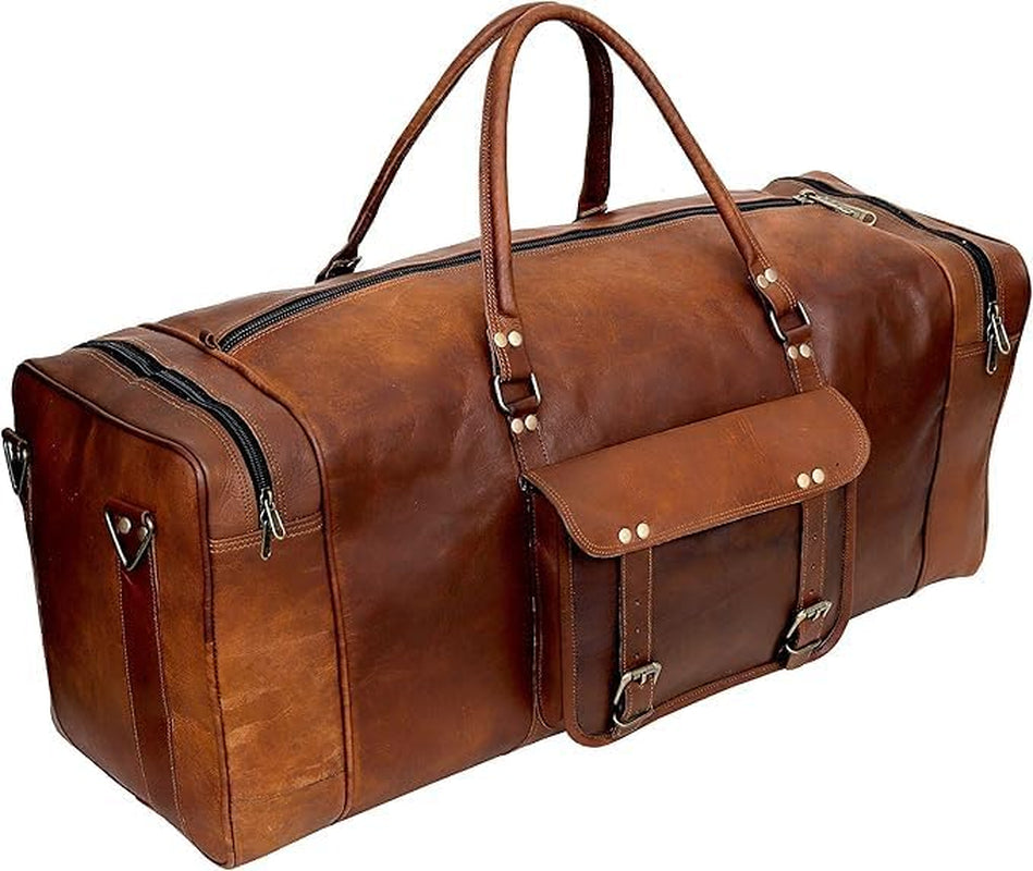Leather Duffle Bag for Men Luggage Handmade Travel Bag Carry on Luggage Weekender Bags Overnight Gym Sports Cabin Holdall Bag for Airplanes Men and Women (34 Inch Brown)