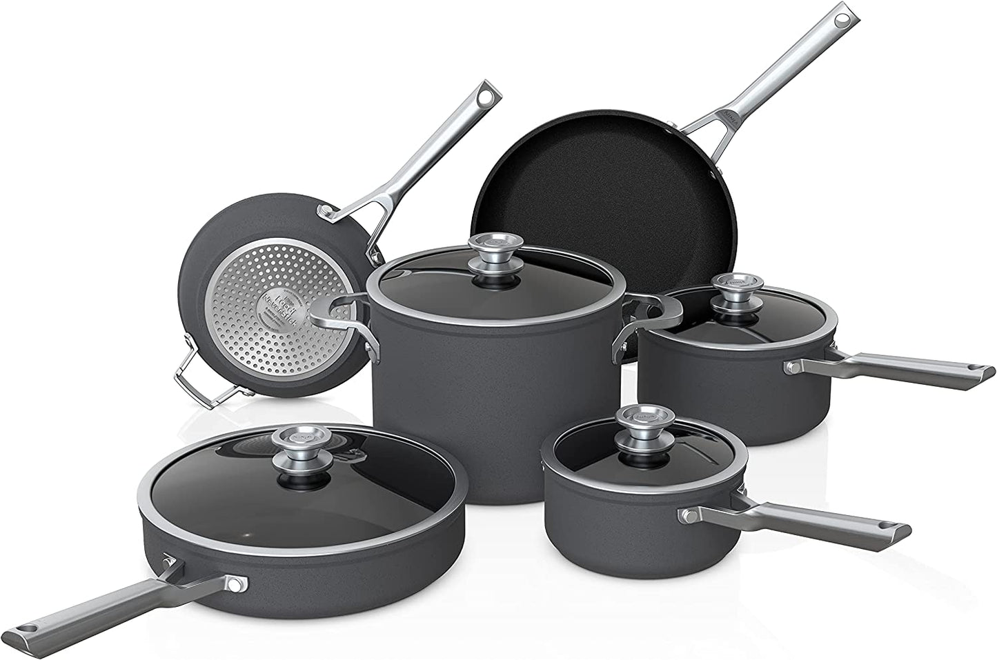 Ninja Neverstick Premium 10 Piece Pots & Frying Pans Set, with Glass Lids, Nesting, Hard Anodized, Kitchen Cookware Sets Nonstick, Durable & Oven Safe to 500°F, Slate Grey, C59500