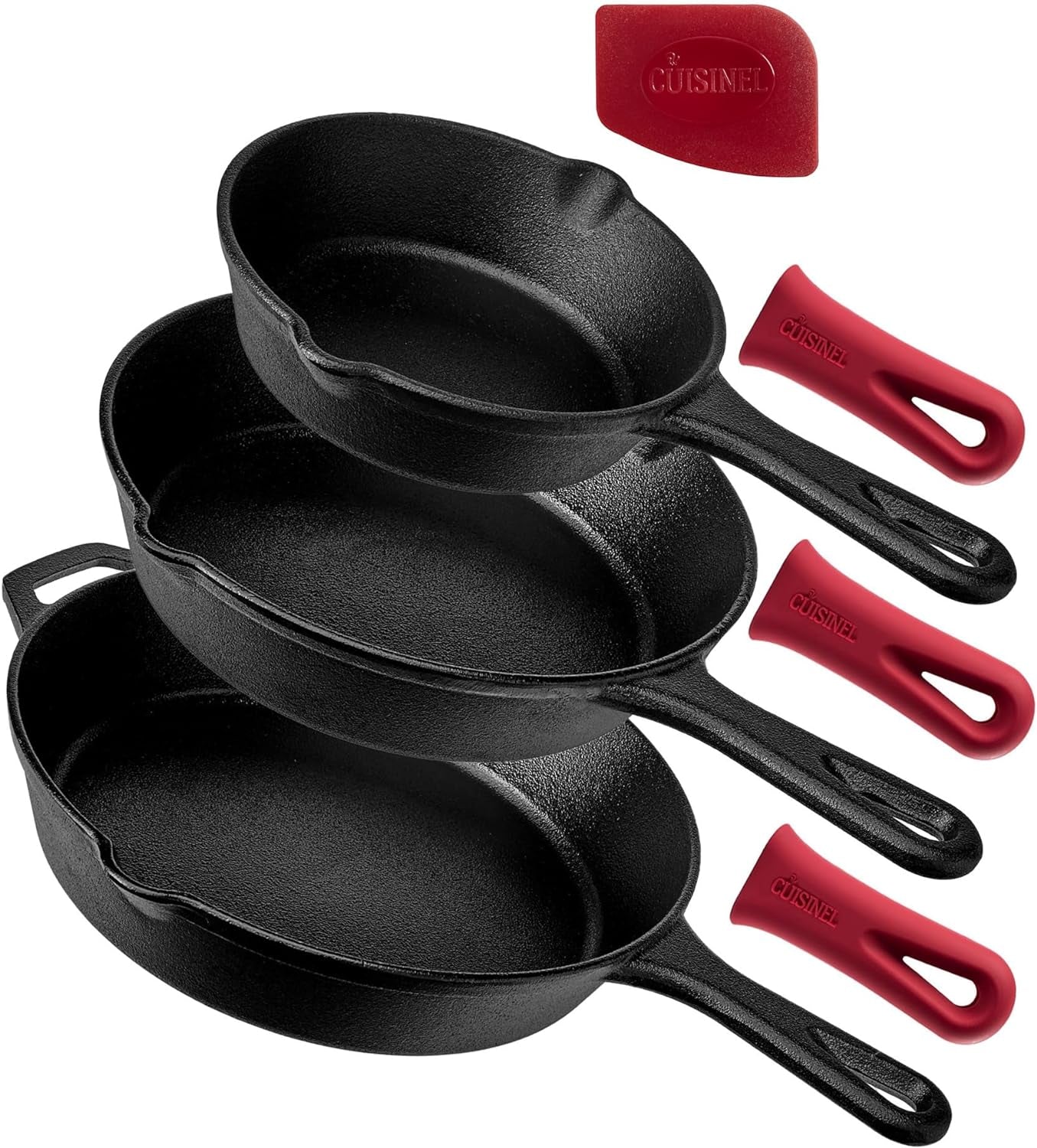 Cuisinel Cast Iron Skillet with Lid - 10"-Inch Pre-Seasoned Covered Frying Pan Set + Silicone Handle and Lid Holders + Scraper/Cleaner - Use Indoor/Outdoor, Oven, Stove, BBQ, Fire, Grill Cookware