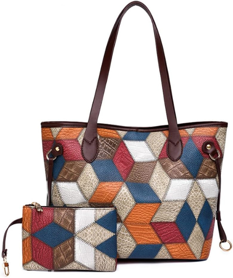 2Pcs Tote Purse and Handbag Set for Women PU Splicing Color Block Shoulder Bags Clutch Wallet