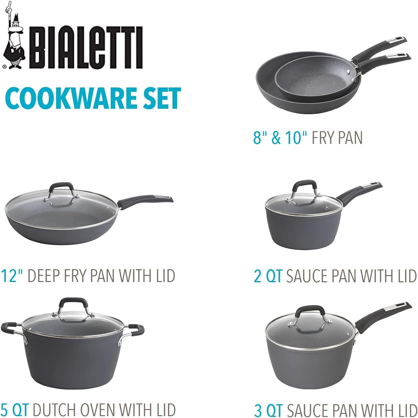 Bialetti Impact Textured Nonstick 10 Piece Oven-Safe Cookware Set, Gray - 10-Piece Set, Micro-Divot Textured Aluminum, Nanotec-Infused Nonstick Surface, Comfortable Silicone Handles, Oven-Safe