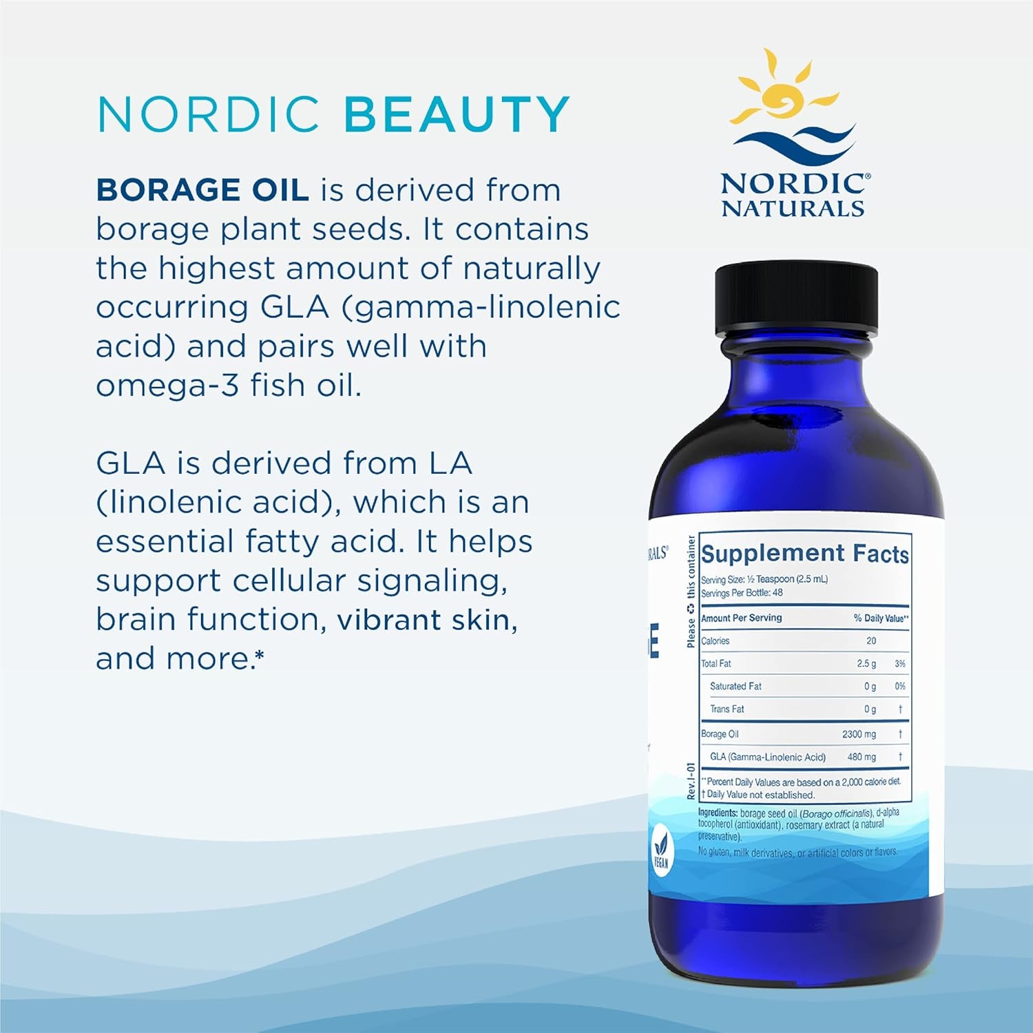 Nordic Naturals Nordic Beauty Borage Oil, Unflavored - 4 Ounces - Borage Seed Oil, Unique Omega-6 for Healthy and Hydrated Skin, 480 Milligrams of GLA - Non-Gmo - Vegan, 48 Servings